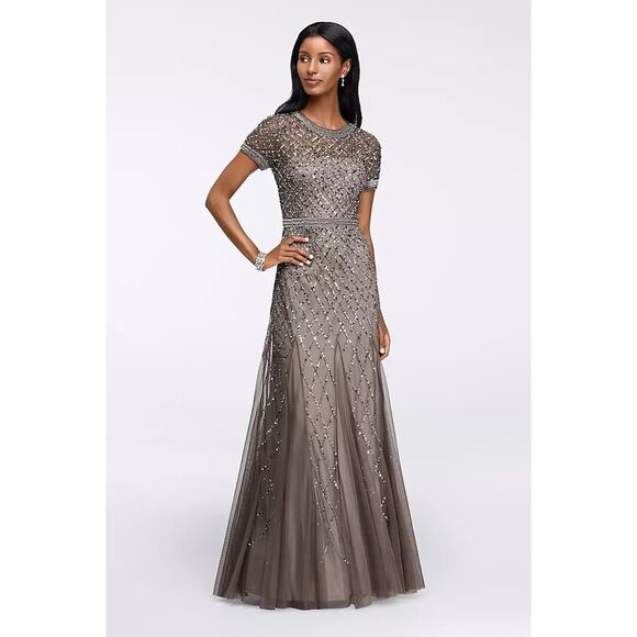 Adrianna Papell Women's Short Sleeve Sequin Long Dress, Size 8, In Lead Color - Picture 1 of 16